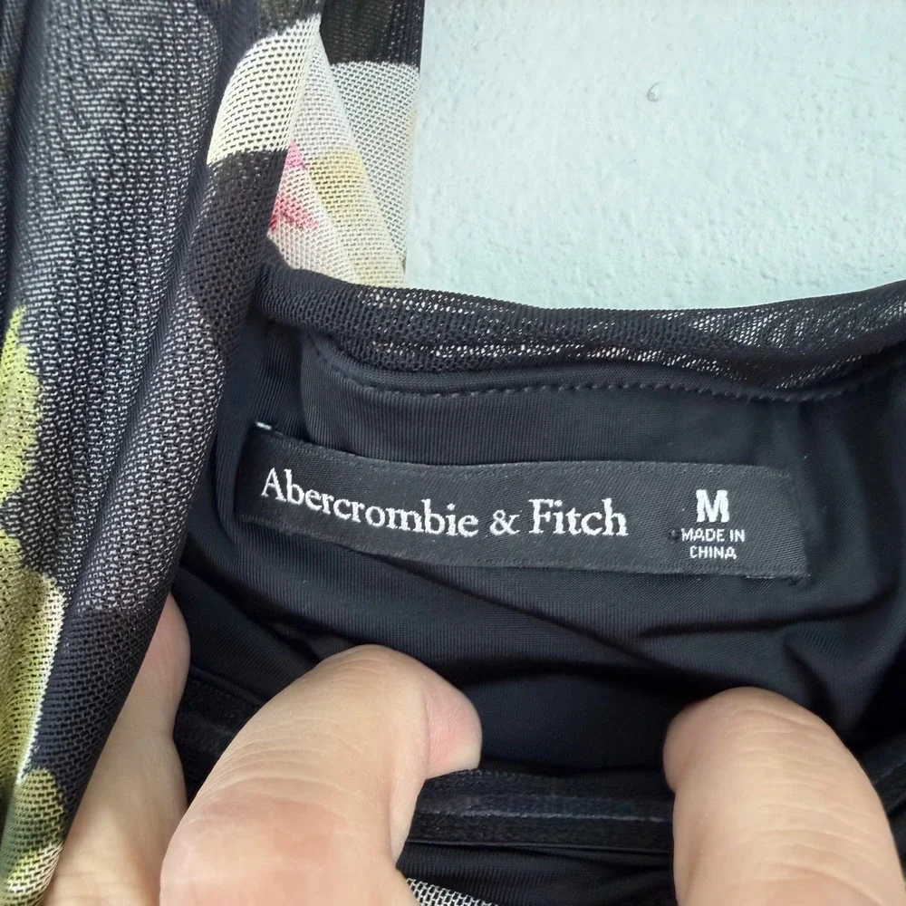 Abercrombie & Fitch Black Floral Mesh Off One Shoulder Ruched Maxi Dress Medium